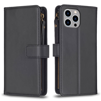 iPhone 13 Pro Leather Flip Wallet Phone Case with 9 Card Slots, Zipper Compartment, and Adjustable Stand