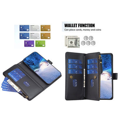 iPhone 13 Pro Leather Flip Wallet Phone Case with 9 Card Slots, Zipper Compartment, and Adjustable Stand