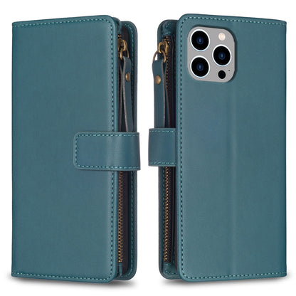 iPhone 14 Pro Leather Flip Wallet Phone Case with 9 Card Slots, Zipper Compartment, and Adjustable Stand