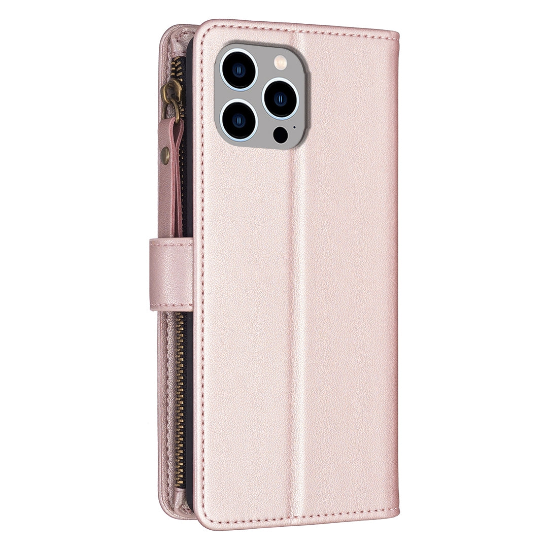 iPhone 15 Pro Max Leather Flip Wallet Phone Case with 9 Card Slots, Zipper Compartment, and Adjustable Stand