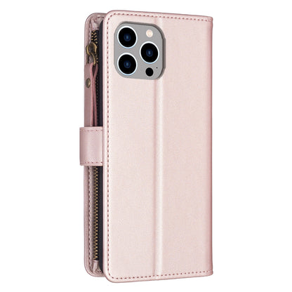 iPhone 15 Pro Max Leather Flip Wallet Phone Case with 9 Card Slots, Zipper Compartment, and Adjustable Stand
