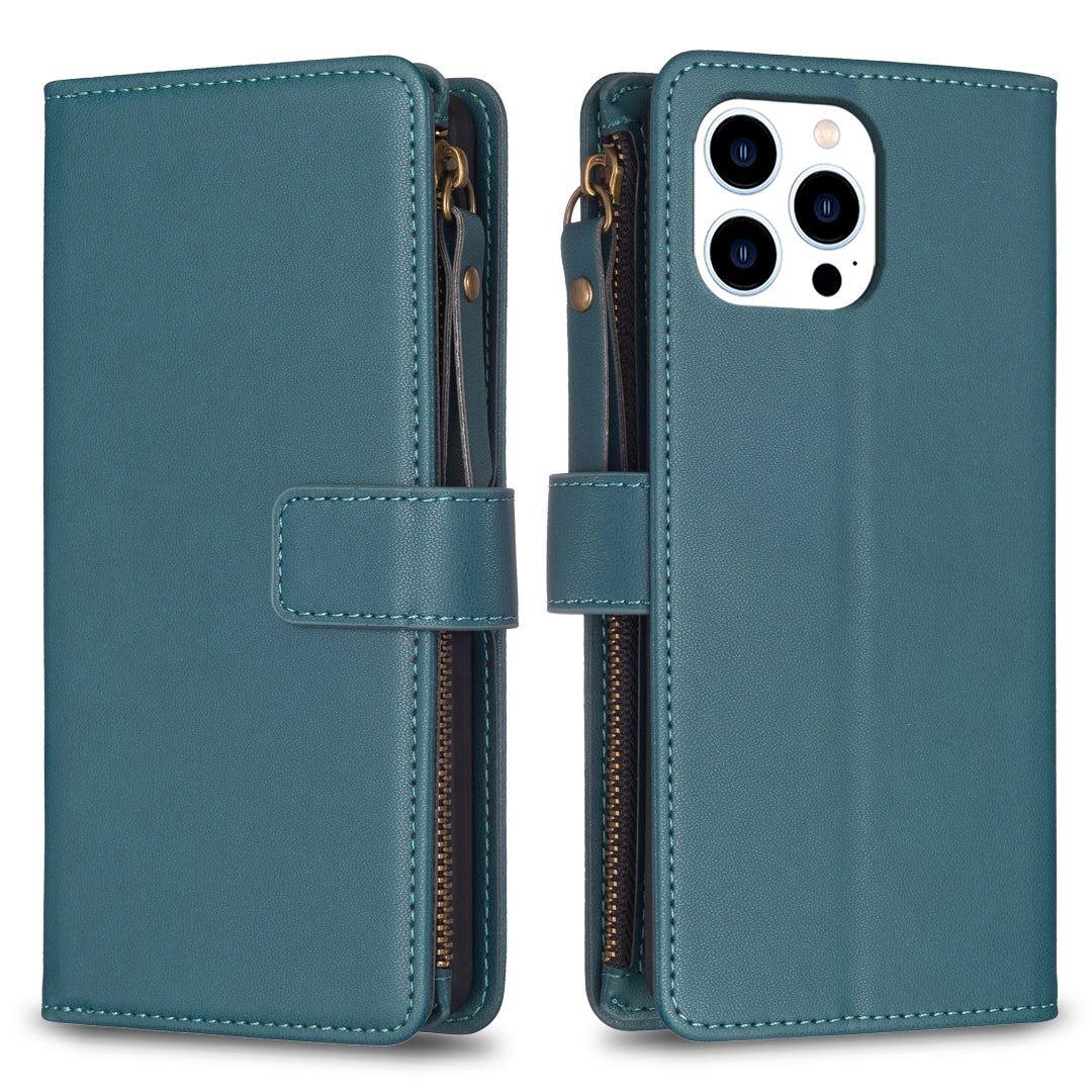 iPhone 15 Pro Leather Flip Wallet Phone Case with 9 Card Slots, Zipper Compartment, and Adjustable Stand