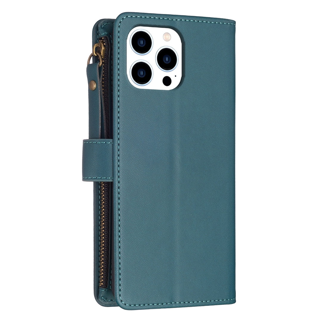 iPhone 15 Pro Leather Flip Wallet Phone Case with 9 Card Slots, Zipper Compartment, and Adjustable Stand