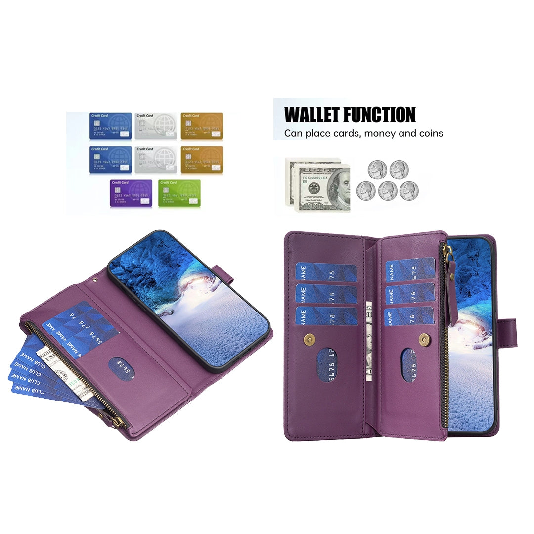 iPhone 15 Pro Leather Flip Wallet Phone Case with 9 Card Slots, Zipper Compartment, and Adjustable Stand