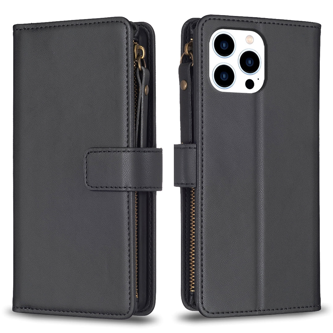 iPhone 15 Pro Leather Flip Wallet Phone Case with 9 Card Slots, Zipper Compartment, and Adjustable Stand