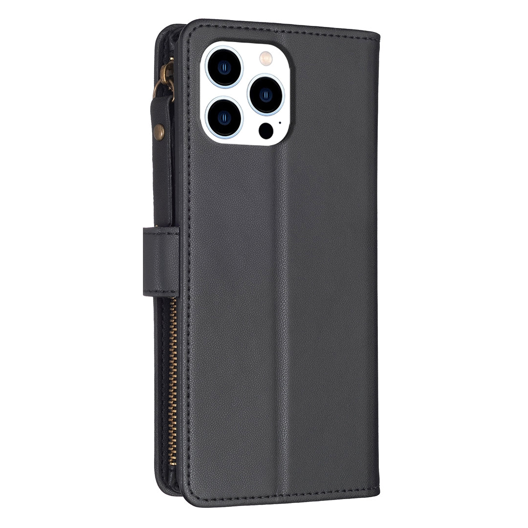 iPhone 15 Pro Leather Flip Wallet Phone Case with 9 Card Slots, Zipper Compartment, and Adjustable Stand