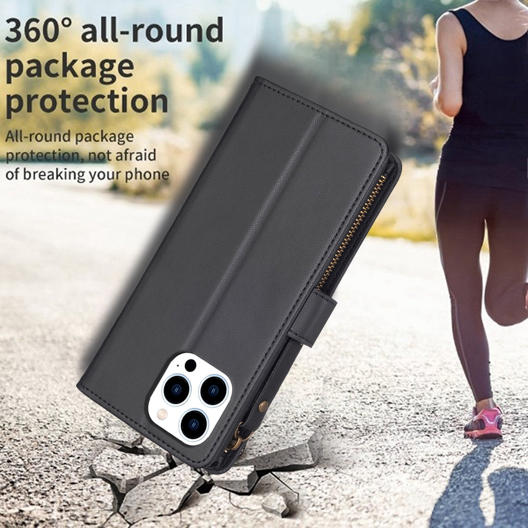 iPhone 15 Pro Leather Flip Wallet Phone Case with 9 Card Slots, Zipper Compartment, and Adjustable Stand