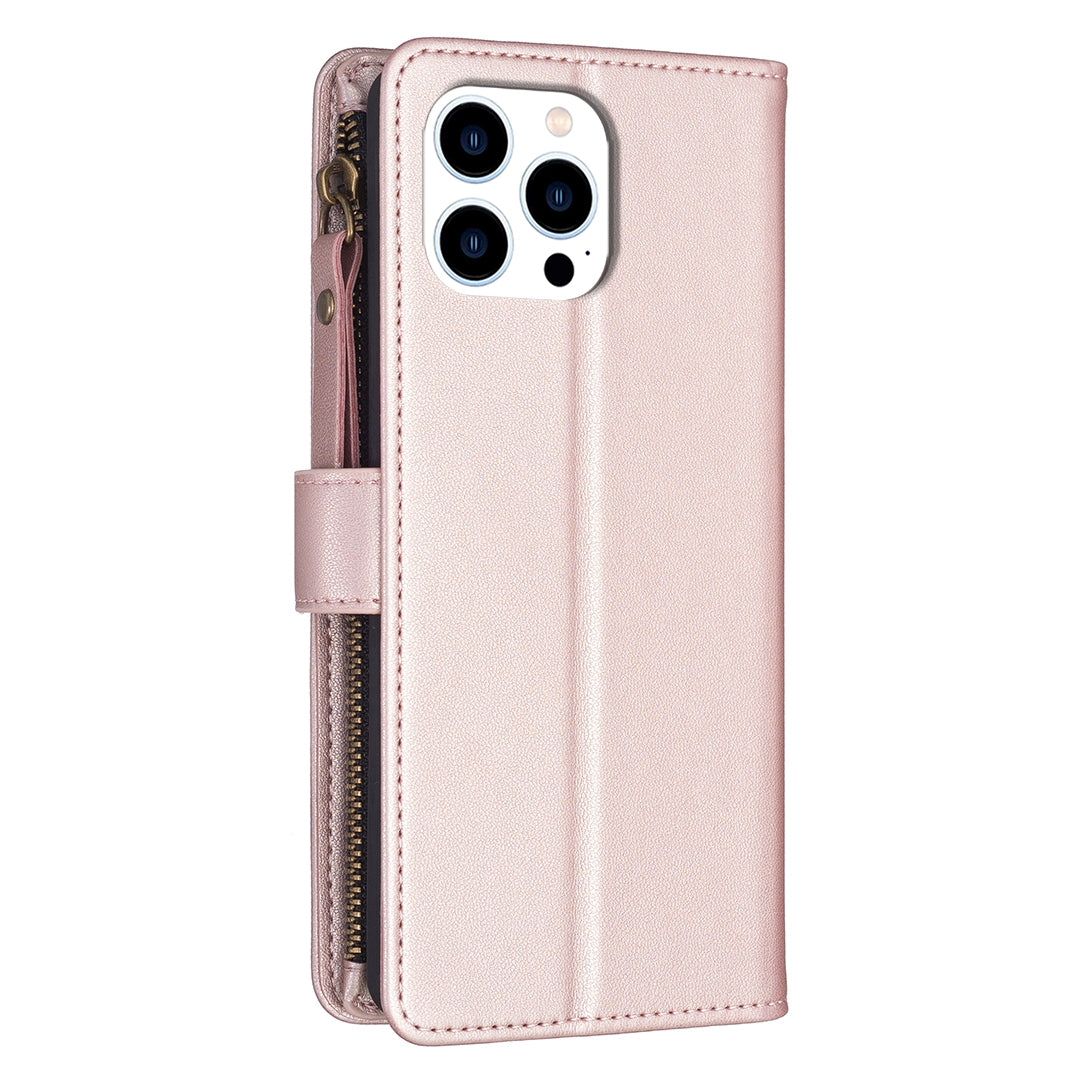 iPhone 15 Pro Leather Flip Wallet Phone Case with 9 Card Slots, Zipper Compartment, and Adjustable Stand