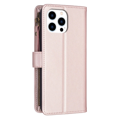 iPhone 15 Pro Leather Flip Wallet Phone Case with 9 Card Slots, Zipper Compartment, and Adjustable Stand