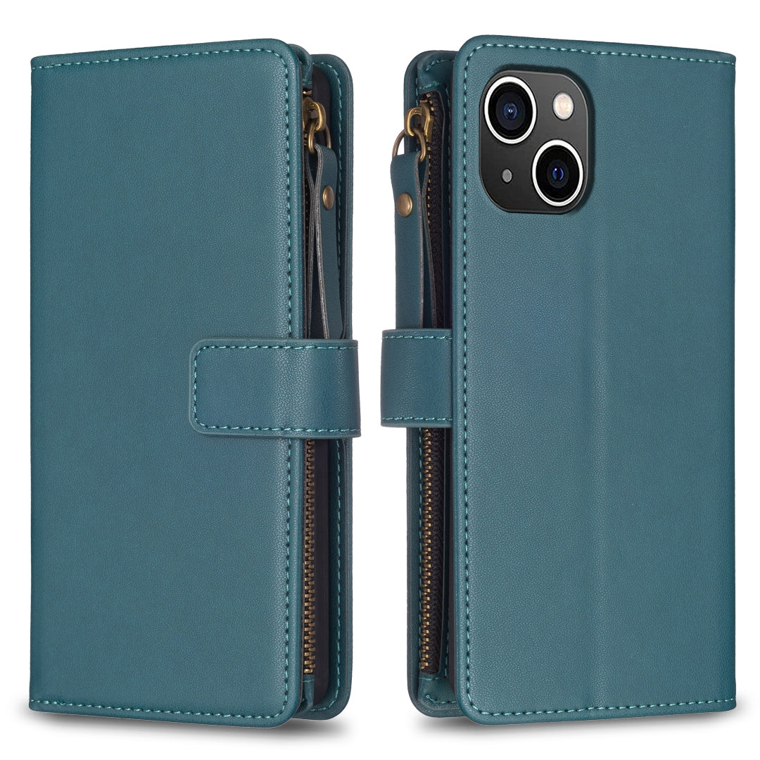 iPhone 15 Leather Flip Wallet Phone Case with 9 Card Slots, Zipper Compartment, and Adjustable Stand