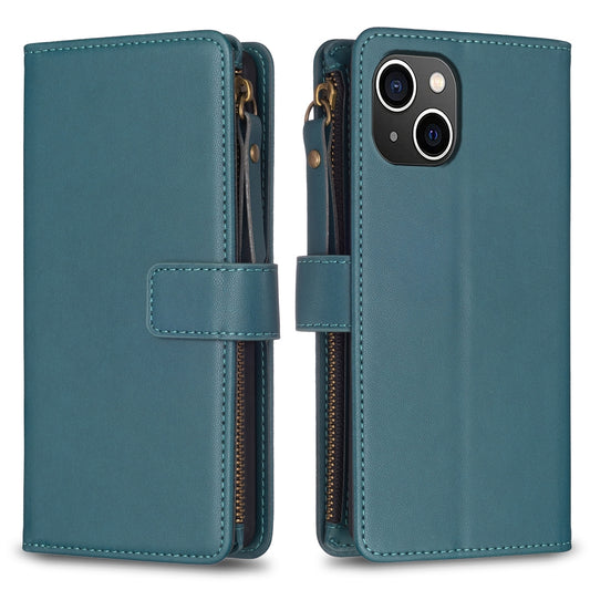 iPhone 15 Leather Flip Wallet Phone Case with 9 Card Slots, Zipper Compartment, and Adjustable Stand