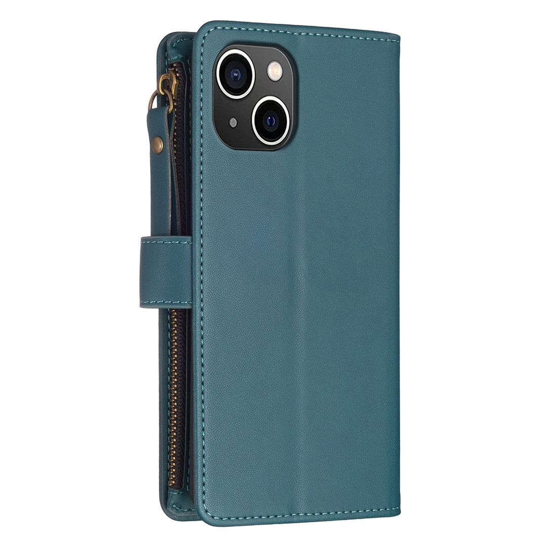 iPhone 15 Leather Flip Wallet Phone Case with 9 Card Slots, Zipper Compartment, and Adjustable Stand