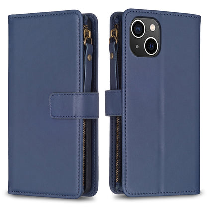 iPhone 15 Leather Flip Wallet Phone Case with 9 Card Slots, Zipper Compartment, and Adjustable Stand
