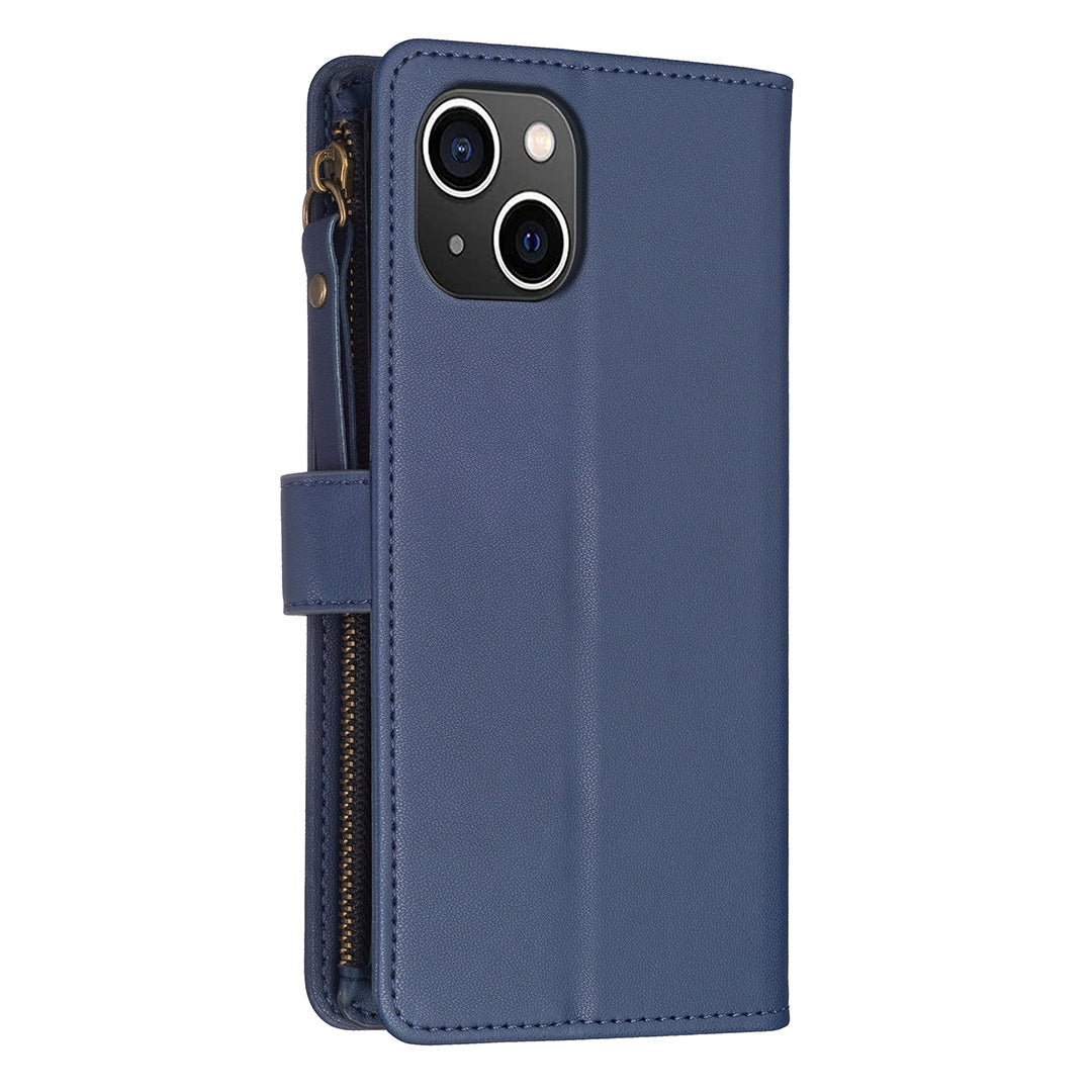 iPhone 15 Leather Flip Wallet Phone Case with 9 Card Slots, Zipper Compartment, and Adjustable Stand