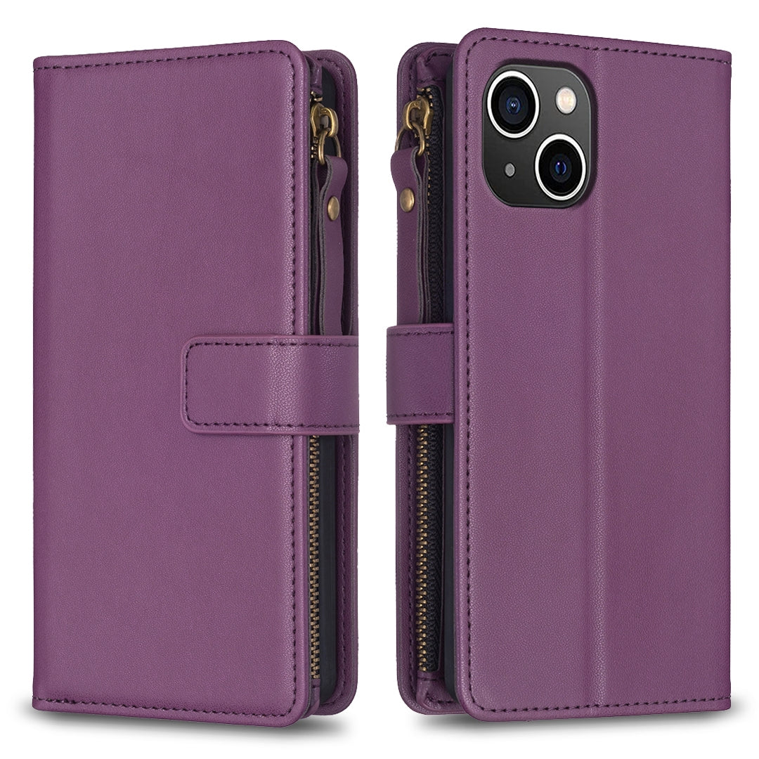 iPhone 15 Leather Flip Wallet Phone Case with 9 Card Slots, Zipper Compartment, and Adjustable Stand