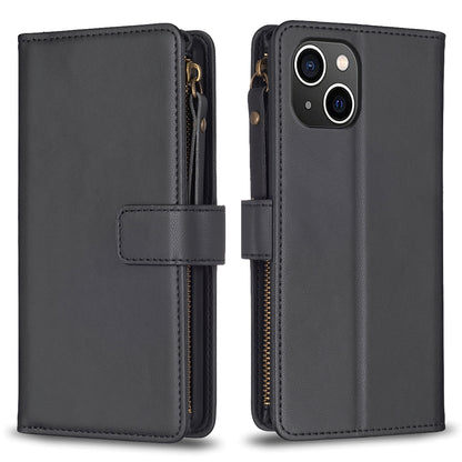 iPhone 15 Leather Flip Wallet Phone Case with 9 Card Slots, Zipper Compartment, and Adjustable Stand