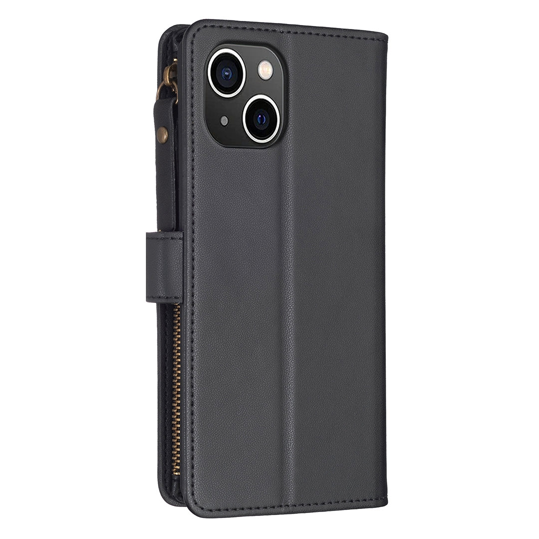 iPhone 15 Leather Flip Wallet Phone Case with 9 Card Slots, Zipper Compartment, and Adjustable Stand