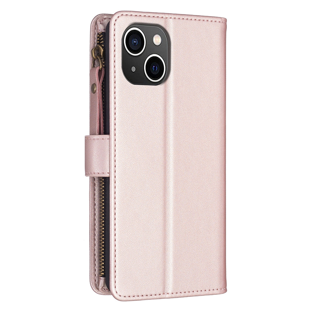 iPhone 15 Leather Flip Wallet Phone Case with 9 Card Slots, Zipper Compartment, and Adjustable Stand