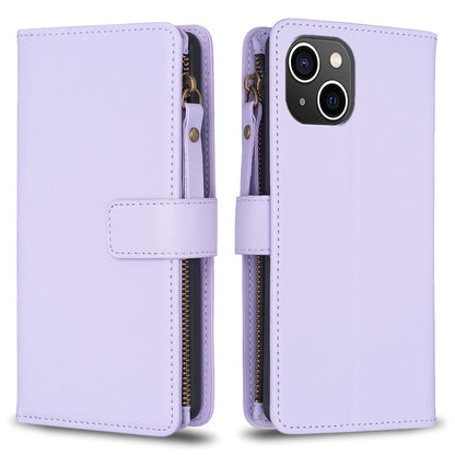 iPhone 15 Leather Flip Wallet Phone Case with 9 Card Slots, Zipper Compartment, and Adjustable Stand
