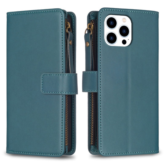 iPhone 16 Pro Max Leather Flip Wallet Phone Case with 9 Card Slots, Zipper Compartment, and Adjustable Stand