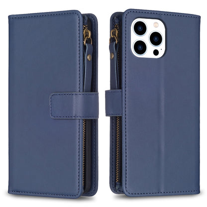 iPhone 16 Pro Leather Flip Wallet Phone Case with 9 Card Slots, Zipper Compartment, and Adjustable Stand