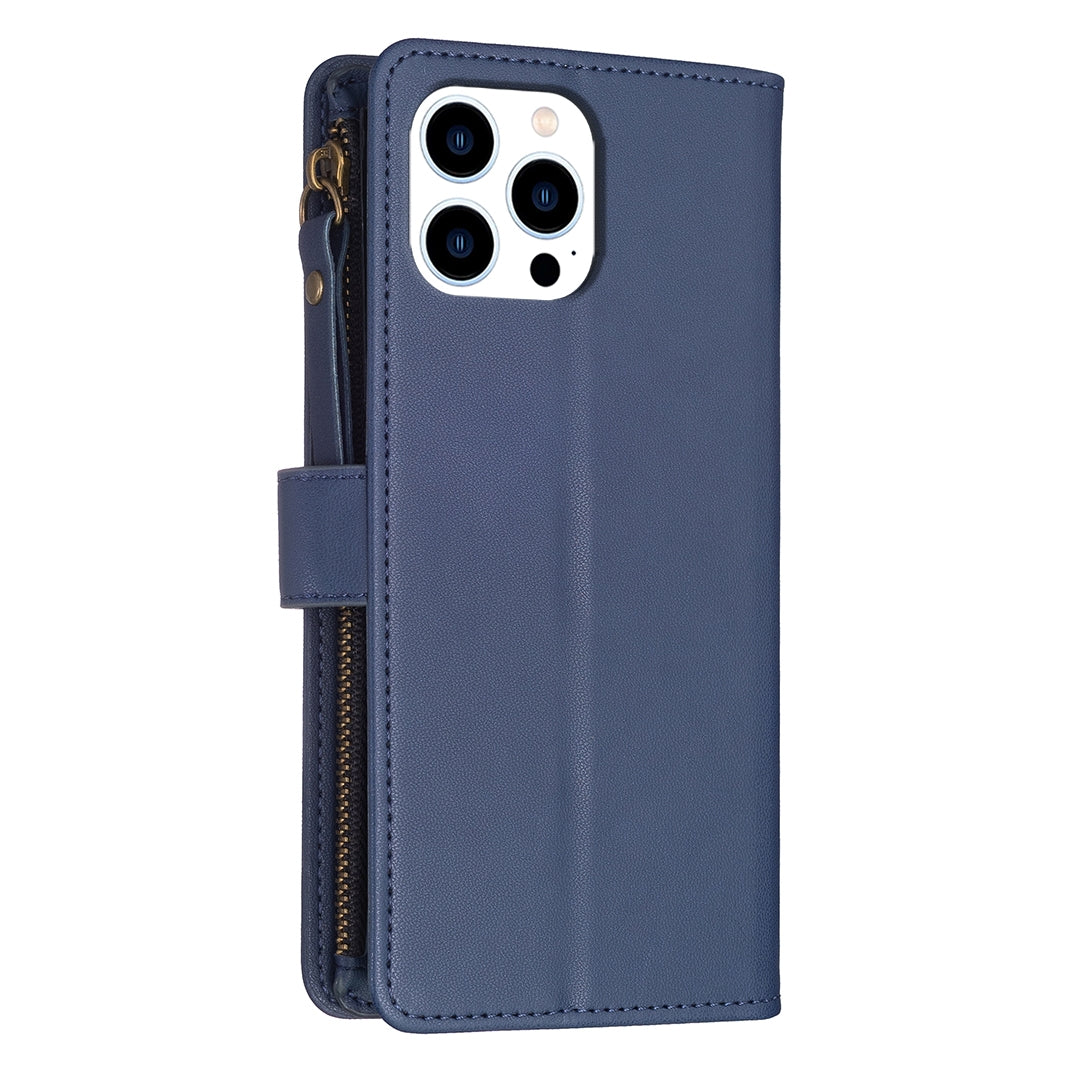 iPhone 16 Pro Leather Flip Wallet Phone Case with 9 Card Slots, Zipper Compartment, and Adjustable Stand