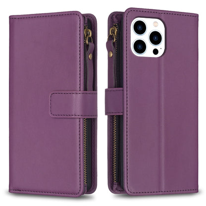 iPhone 16 Pro Leather Flip Wallet Phone Case with 9 Card Slots, Zipper Compartment, and Adjustable Stand