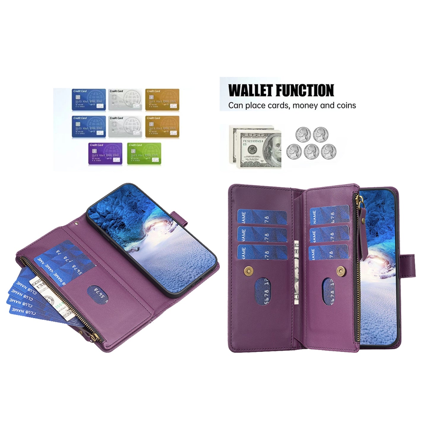 iPhone 16 Pro Leather Flip Wallet Phone Case with 9 Card Slots, Zipper Compartment, and Adjustable Stand