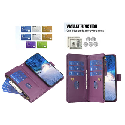 iPhone 16 Pro Leather Flip Wallet Phone Case with 9 Card Slots, Zipper Compartment, and Adjustable Stand