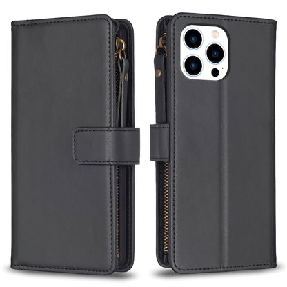 iPhone 16 Pro Leather Flip Wallet Phone Case with 9 Card Slots, Zipper Compartment, and Adjustable Stand