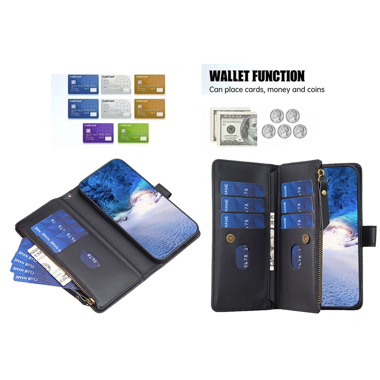 iPhone 16 Pro Leather Flip Wallet Phone Case with 9 Card Slots, Zipper Compartment, and Adjustable Stand