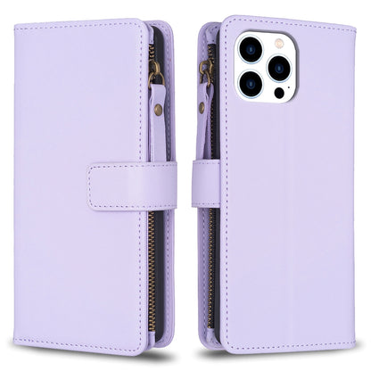 iPhone 16 Pro Leather Flip Wallet Phone Case with 9 Card Slots, Zipper Compartment, and Adjustable Stand