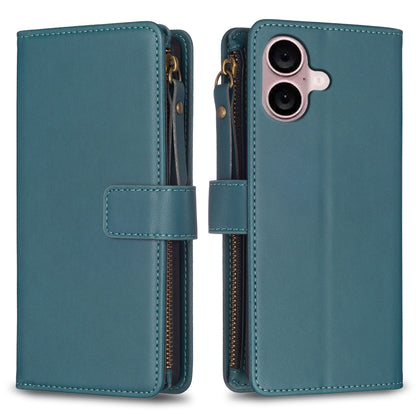 iPhone 16 Plus Leather Flip Wallet Phone Case with 9 Card Slots, Zipper Compartment, and Adjustable Stand