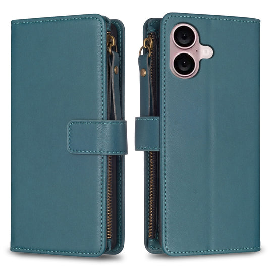 iPhone 16 Plus Leather Flip Wallet Phone Case with 9 Card Slots, Zipper Compartment, and Adjustable Stand