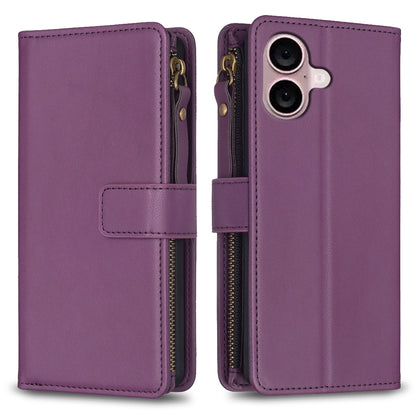 iPhone 16 Plus Leather Flip Wallet Phone Case with 9 Card Slots, Zipper Compartment, and Adjustable Stand