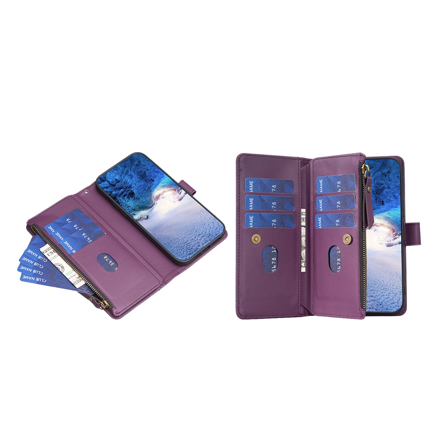 iPhone 16 Plus Leather Flip Wallet Phone Case with 9 Card Slots, Zipper Compartment, and Adjustable Stand