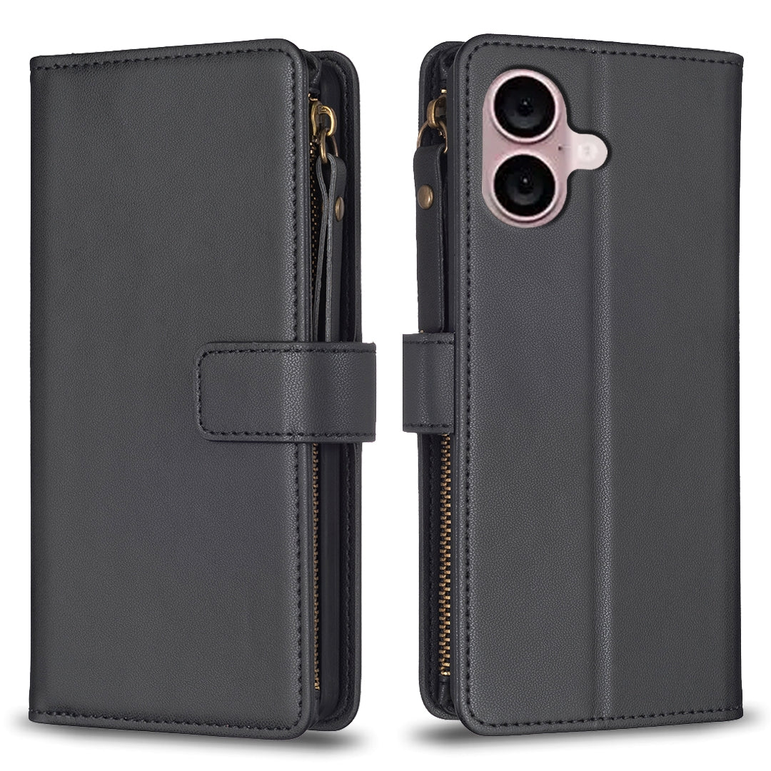 iPhone 16 Plus Leather Flip Wallet Phone Case with 9 Card Slots, Zipper Compartment, and Adjustable Stand