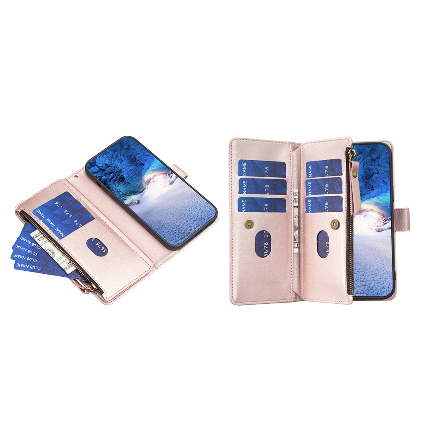 iPhone 16 Plus Leather Flip Wallet Phone Case with 9 Card Slots, Zipper Compartment, and Adjustable Stand