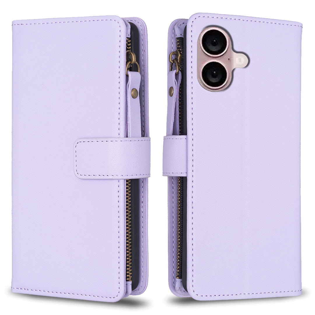 iPhone 16 Plus Leather Flip Wallet Phone Case with 9 Card Slots, Zipper Compartment, and Adjustable Stand