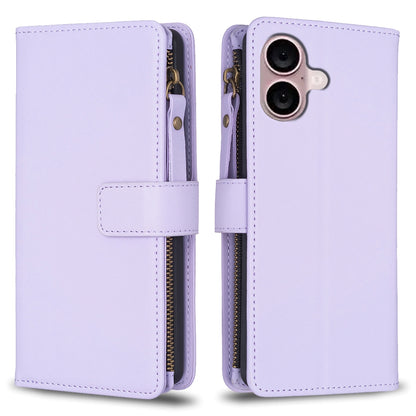 iPhone 16 Plus Leather Flip Wallet Phone Case with 9 Card Slots, Zipper Compartment, and Adjustable Stand