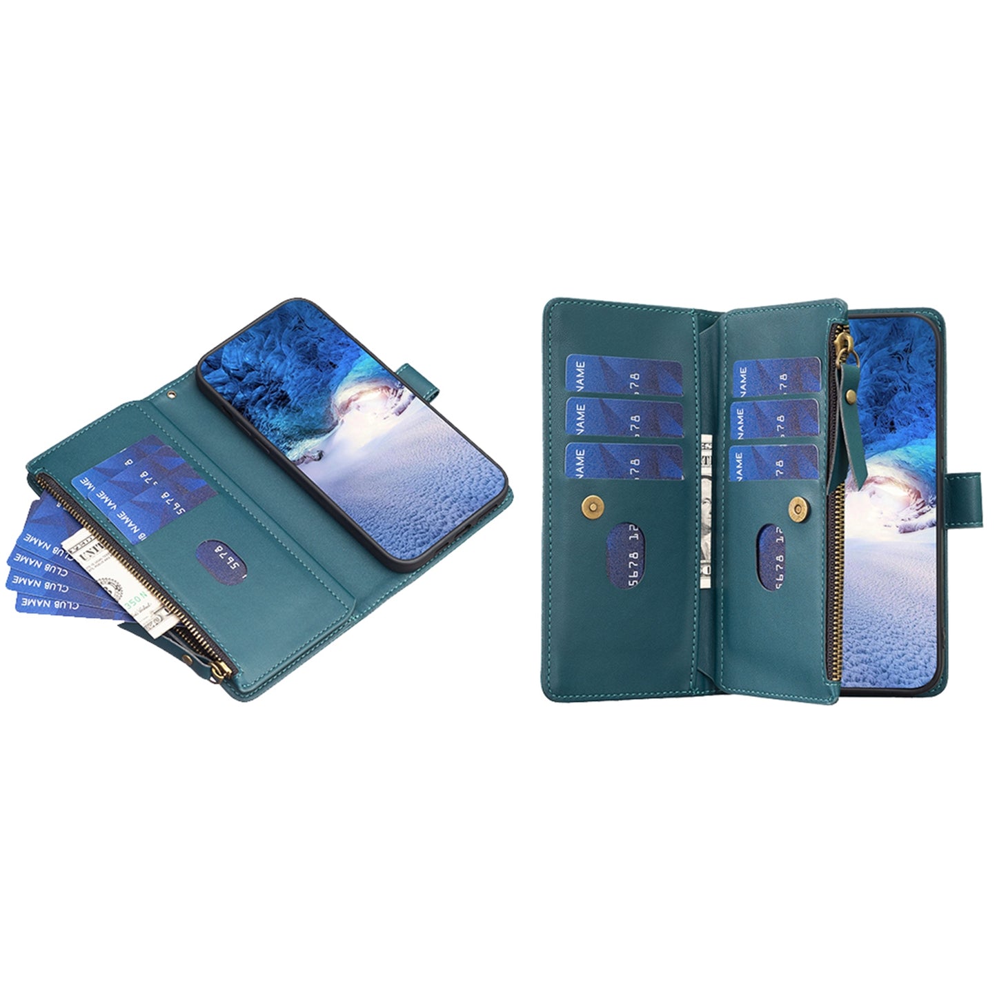 iPhone 16 Leather Flip Wallet Phone Case with 9 Card Slots, Zipper Compartment, and Adjustable Stand