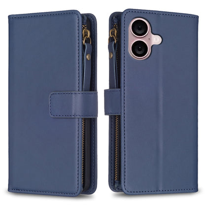 iPhone 16 Leather Flip Wallet Phone Case with 9 Card Slots, Zipper Compartment, and Adjustable Stand