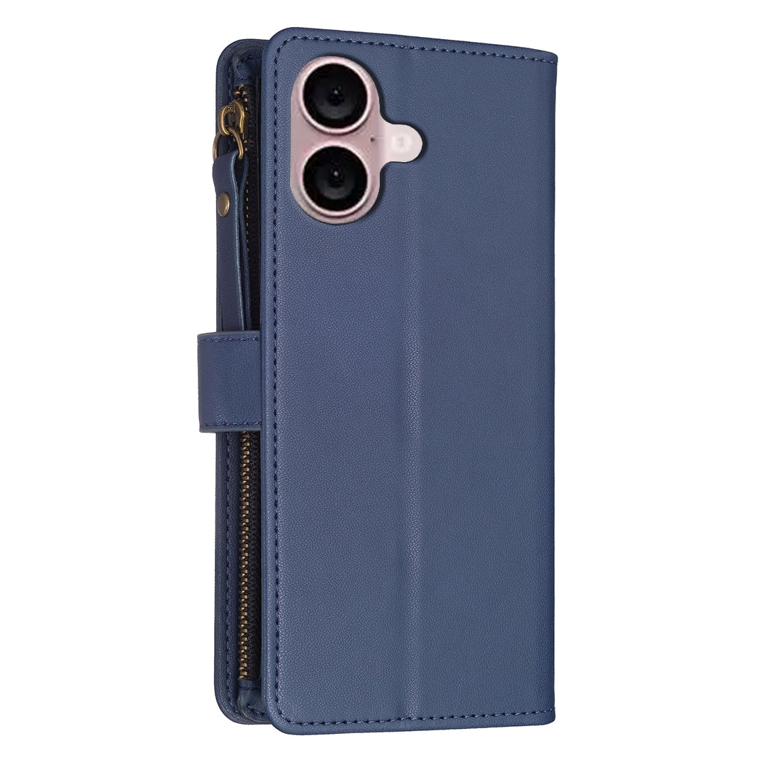 iPhone 16 Leather Flip Wallet Phone Case with 9 Card Slots, Zipper Compartment, and Adjustable Stand
