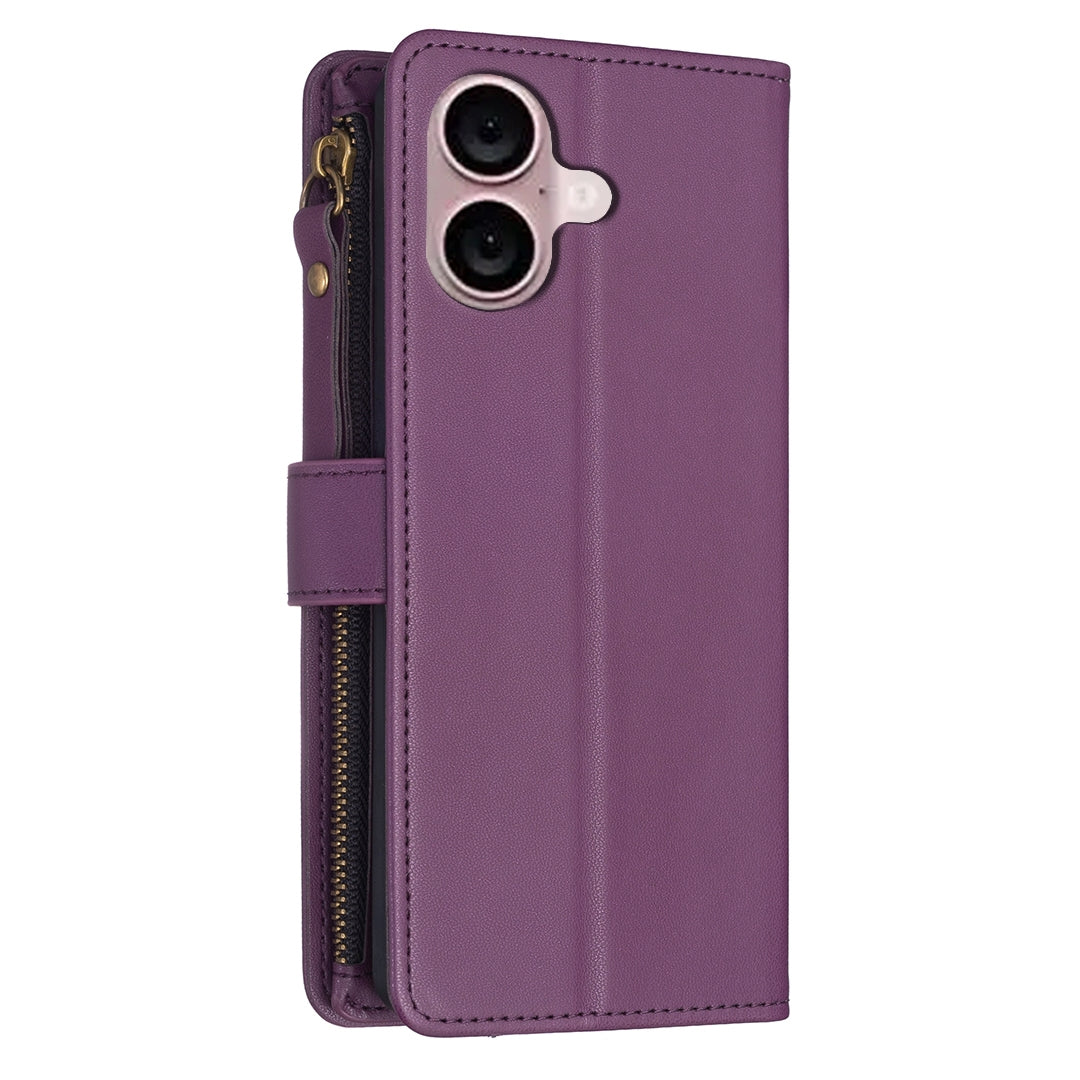 iPhone 16 Leather Flip Wallet Phone Case with 9 Card Slots, Zipper Compartment, and Adjustable Stand
