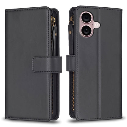 iPhone 16 Leather Flip Wallet Phone Case with 9 Card Slots, Zipper Compartment, and Adjustable Stand