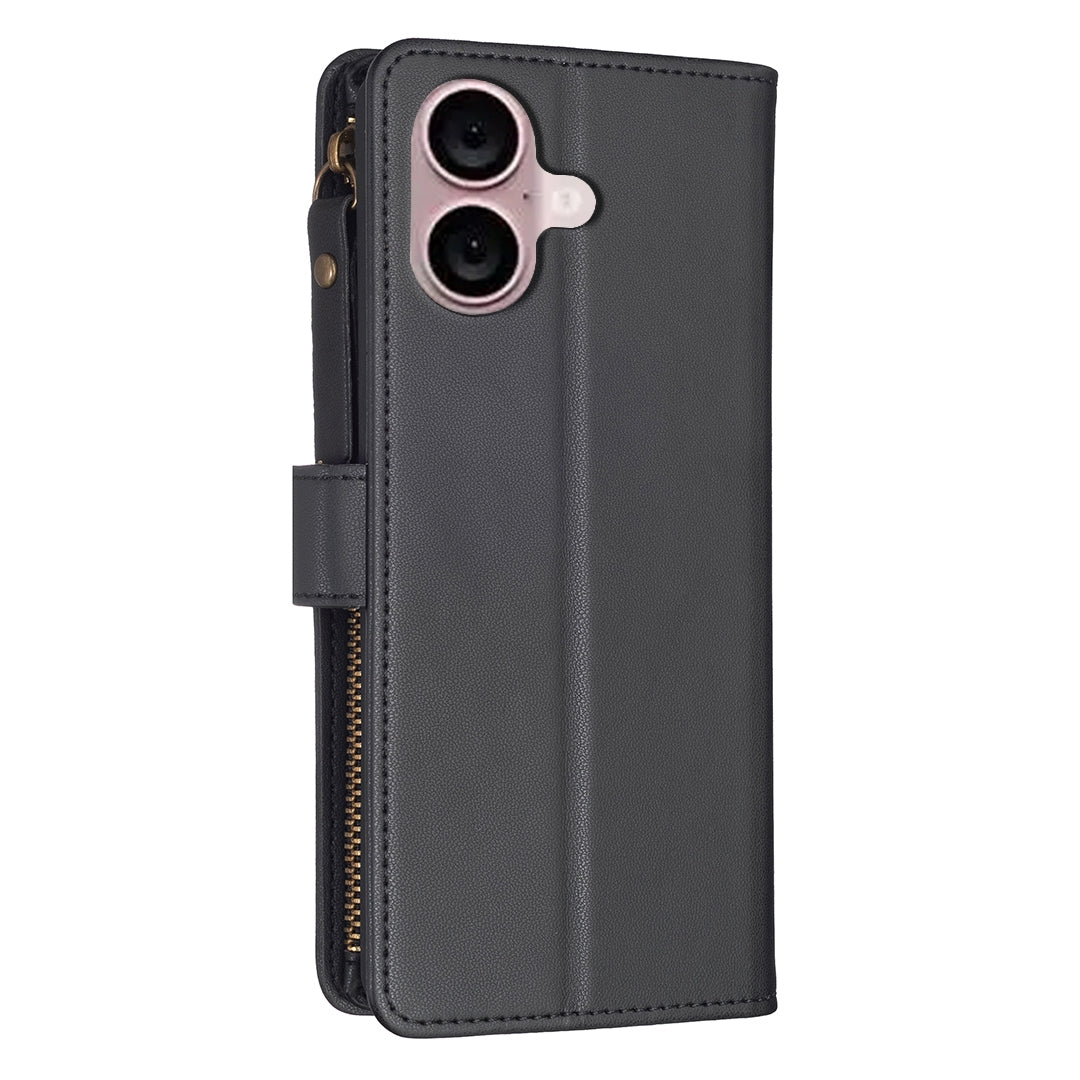 iPhone 16 Leather Flip Wallet Phone Case with 9 Card Slots, Zipper Compartment, and Adjustable Stand
