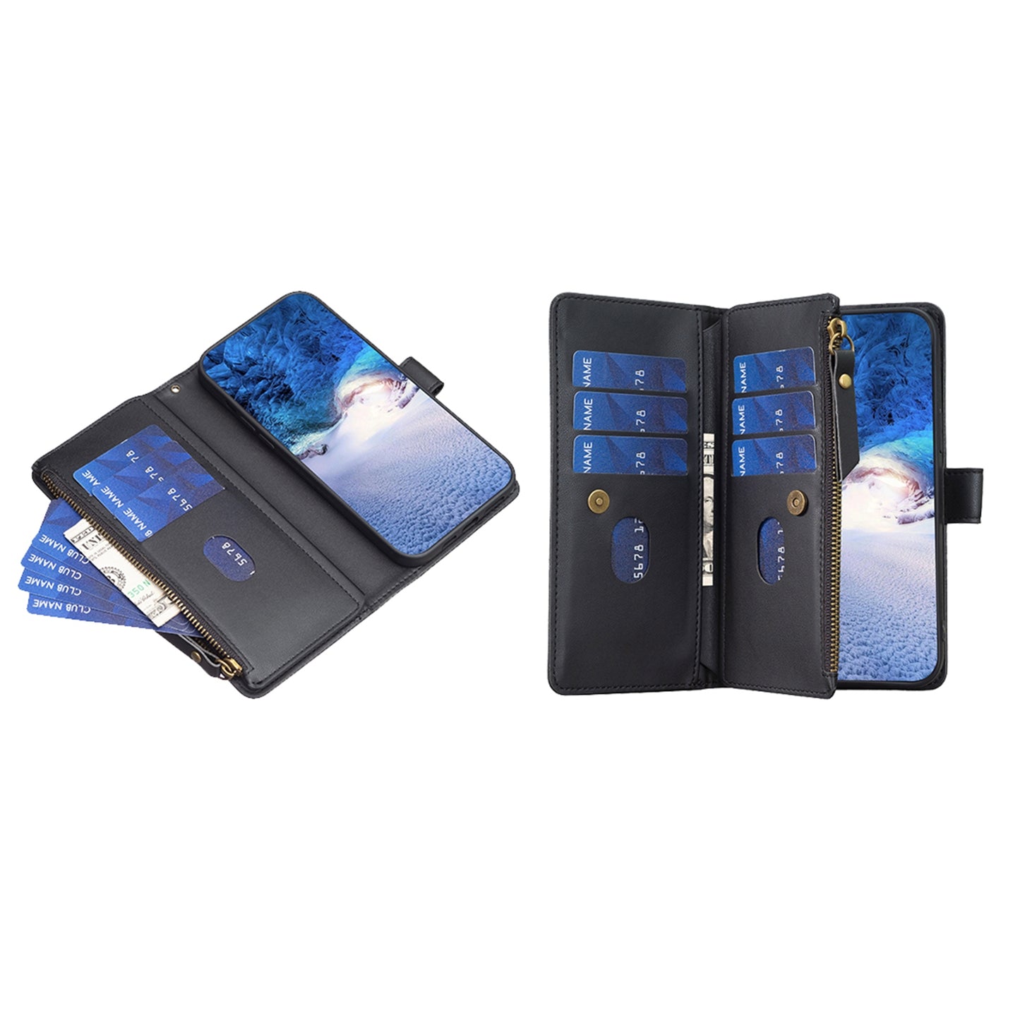 iPhone 16 Leather Flip Wallet Phone Case with 9 Card Slots, Zipper Compartment, and Adjustable Stand