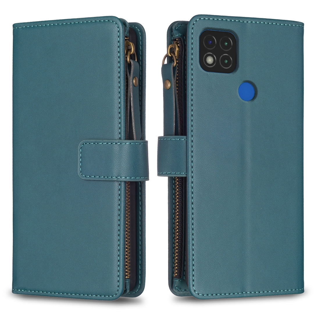 Xiaomi Redmi 9C Leather Flip Wallet Phone Case with 9 Card Slots, Zipper Compartment, and Adjustable Stand