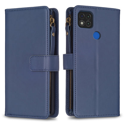 Xiaomi Redmi 9C Leather Flip Wallet Phone Case with 9 Card Slots, Zipper Compartment, and Adjustable Stand