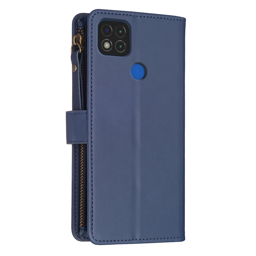 Xiaomi Redmi 9C Leather Flip Wallet Phone Case with 9 Card Slots, Zipper Compartment, and Adjustable Stand
